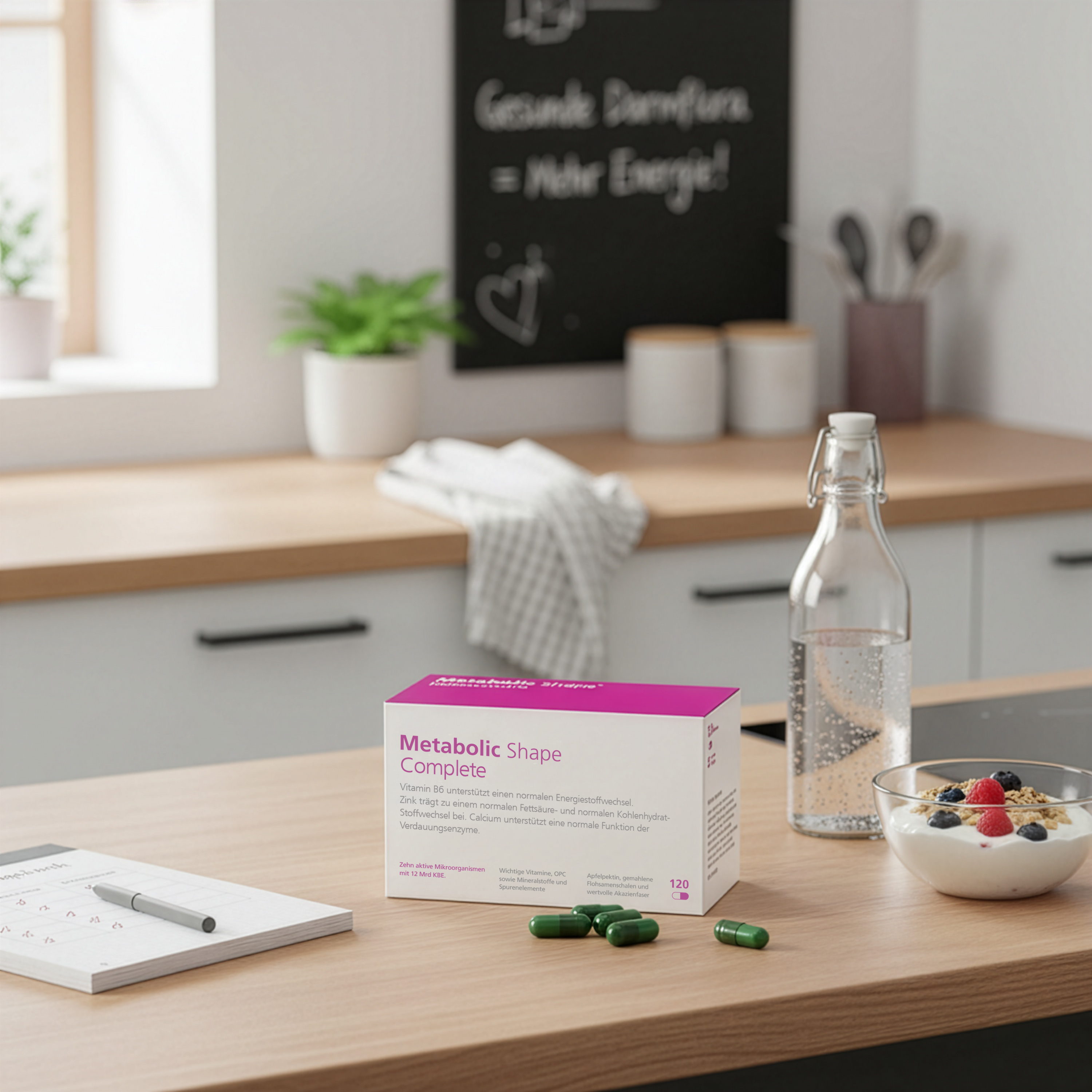 Metabolic Shape Complete Packung auf Küchentisch mit Kapseln, Wasserflasche und Schale mit Joghurt und Beeren